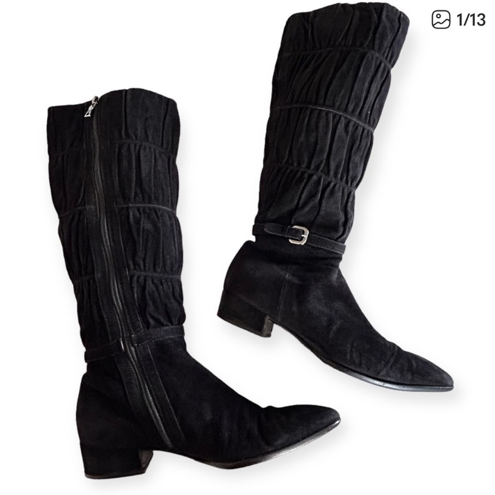 PRADA Black Suede Sock Boots Ruched Shaft With Buckle Knee High Size 37.5 us 7.5